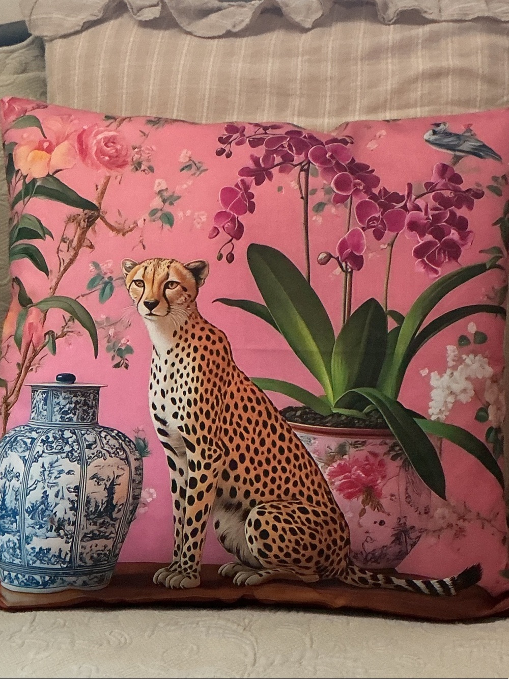 Pink Leopard & Orchid Decorative Throw Pillow - Exotic Botanical Accent